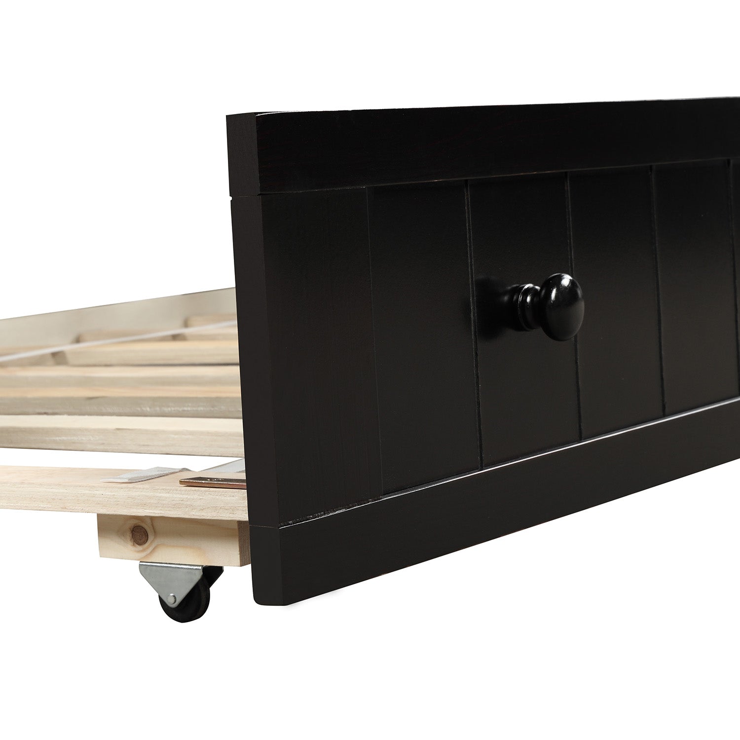 Black wooden bed drawer with a round knob and metal casters