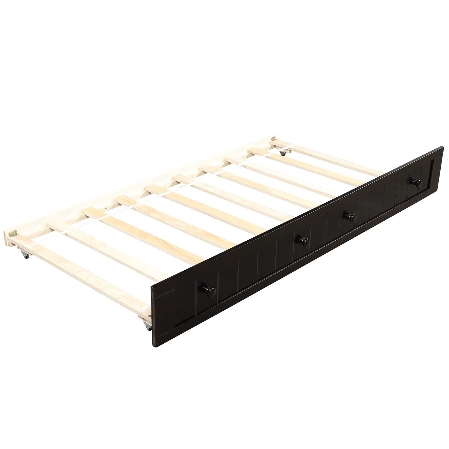 Dark brown wooden bed frame with slatted base and three drawer fronts