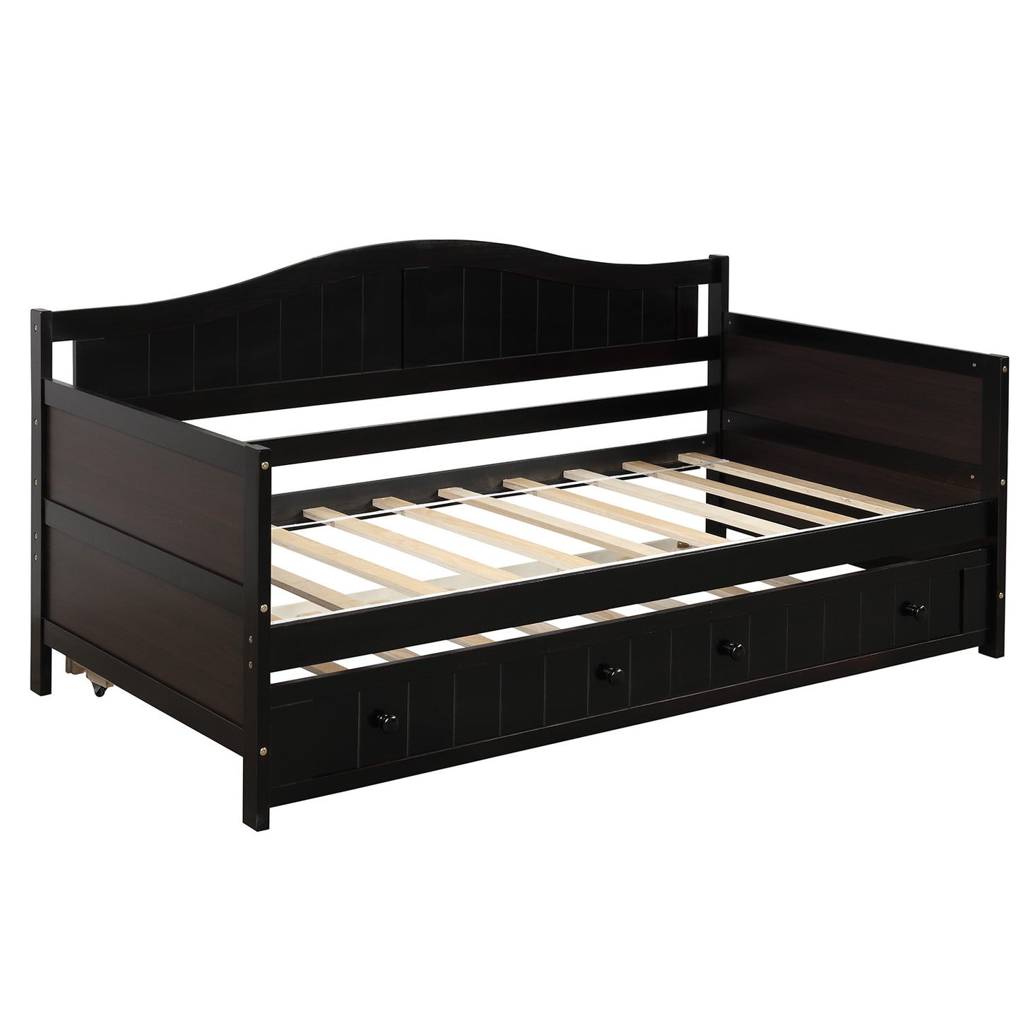 Dark brown wooden daybed with rollout trundle and slatted base