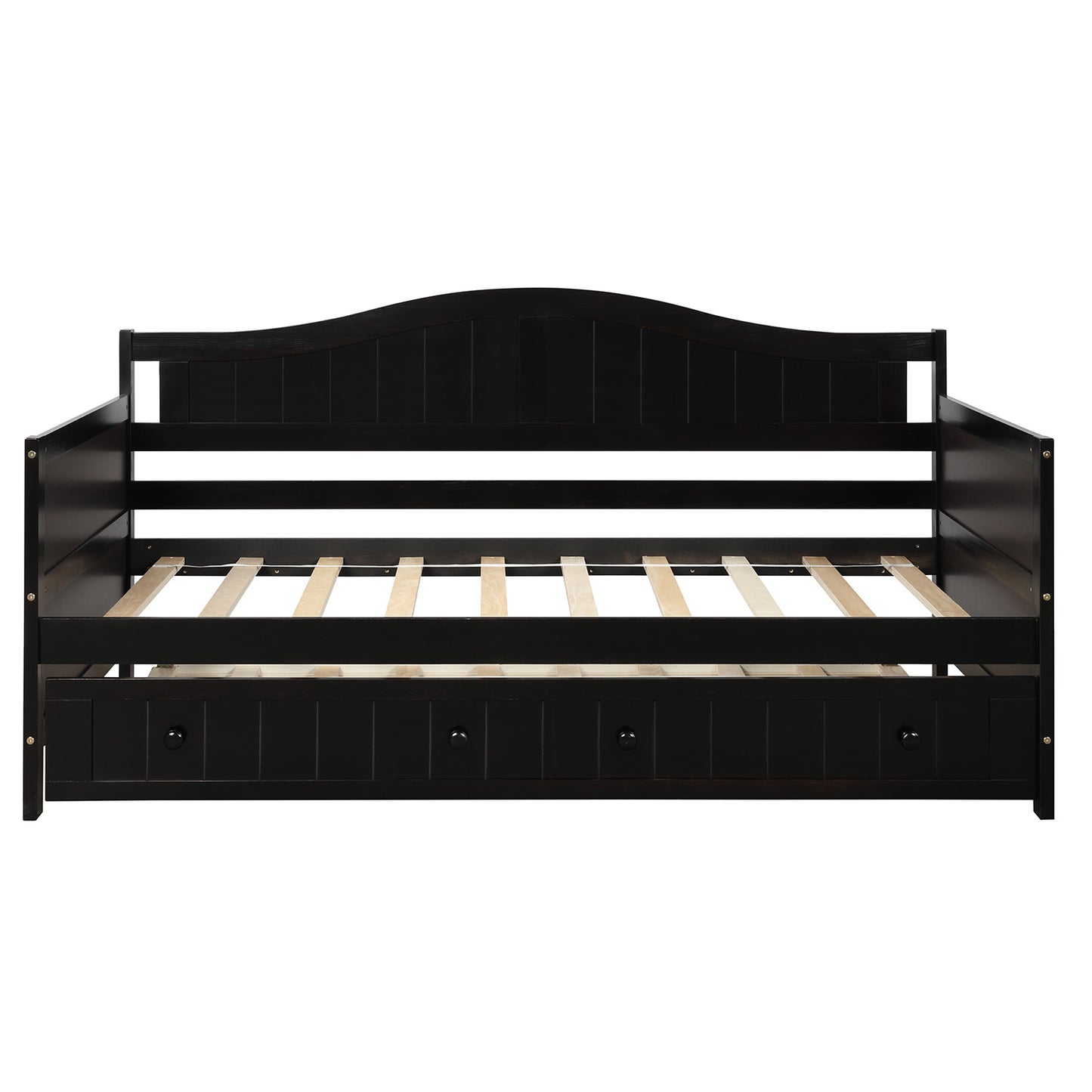 Black wooden daybed with arched back and three drawers