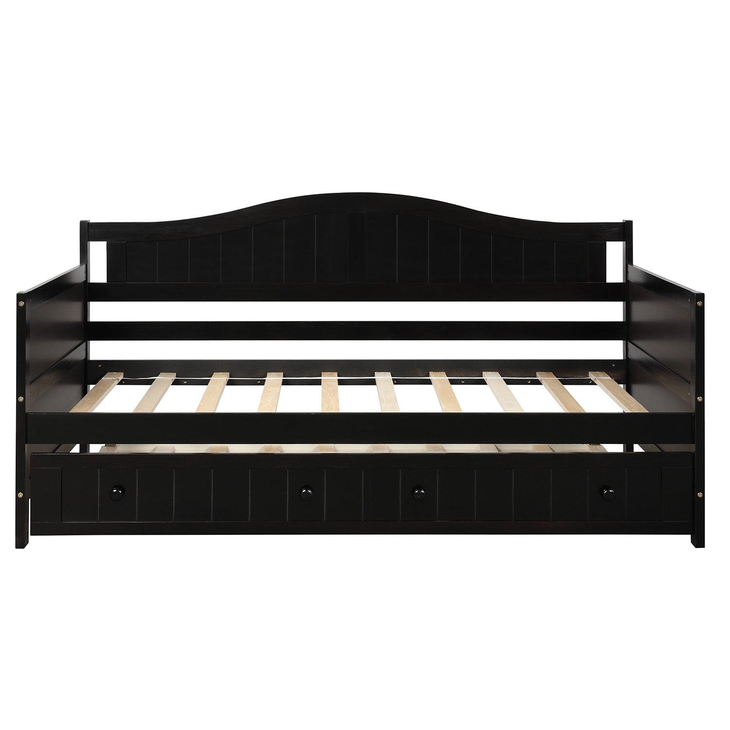 Black wooden daybed with arched back and three drawers