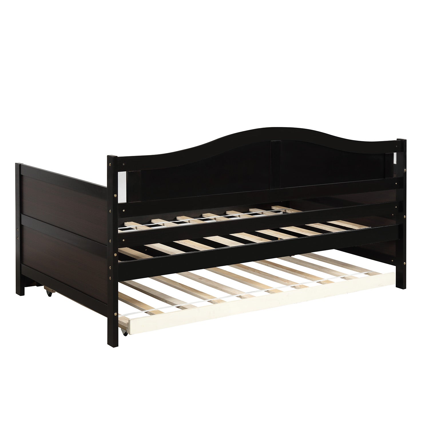 Dark wood daybed with pullout trundle on casters