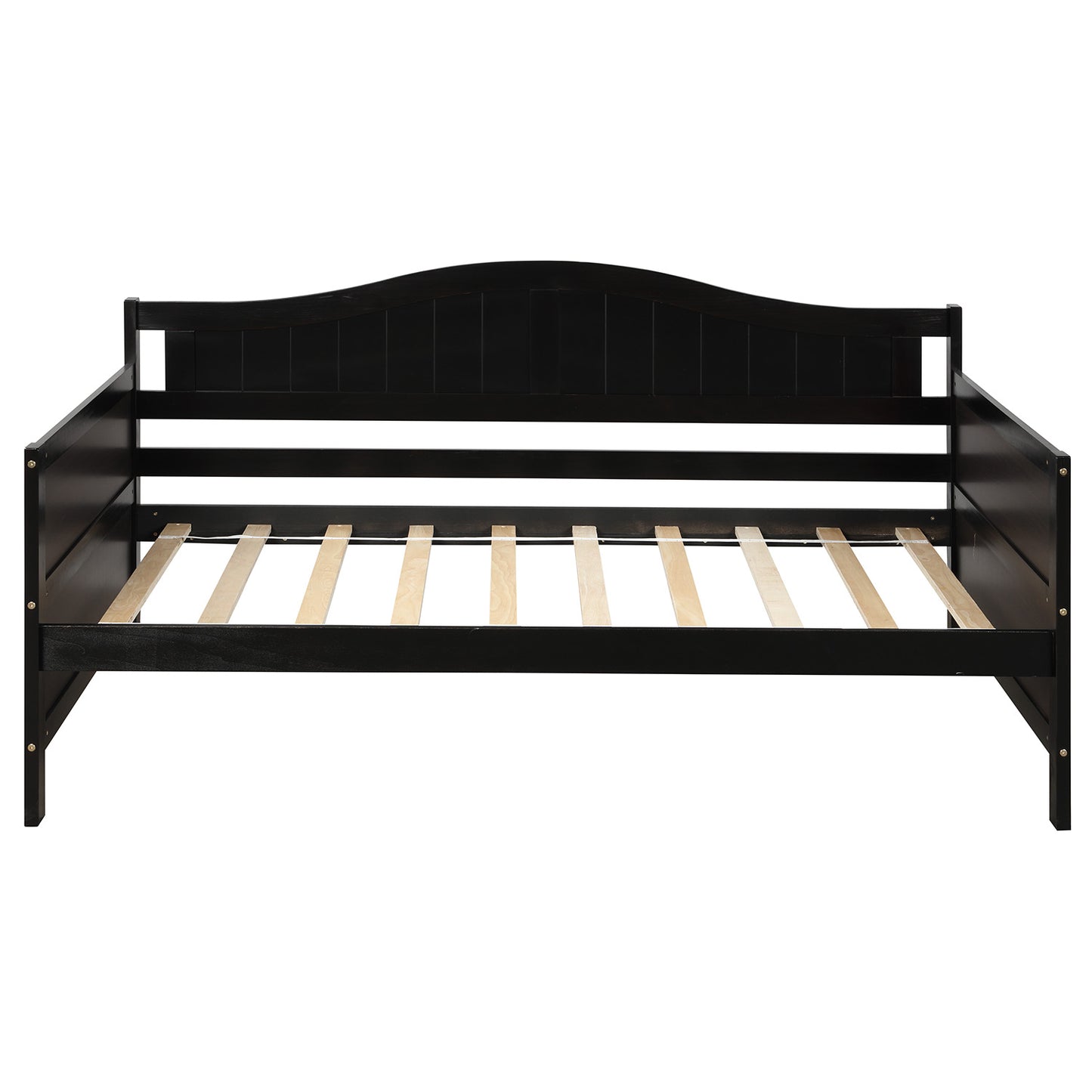 Black wooden daybed with curved headboard and slatted base