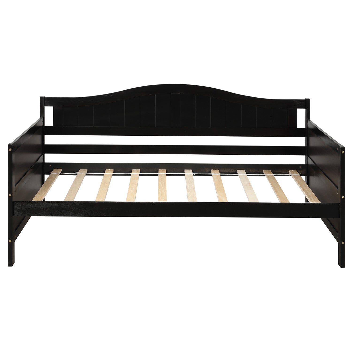 Black wooden daybed with curved headboard and slatted base