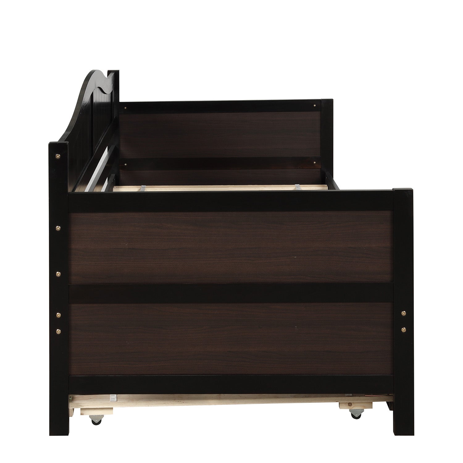Dark brown wooden daybed with black frame and subtle scroll detail on headboard