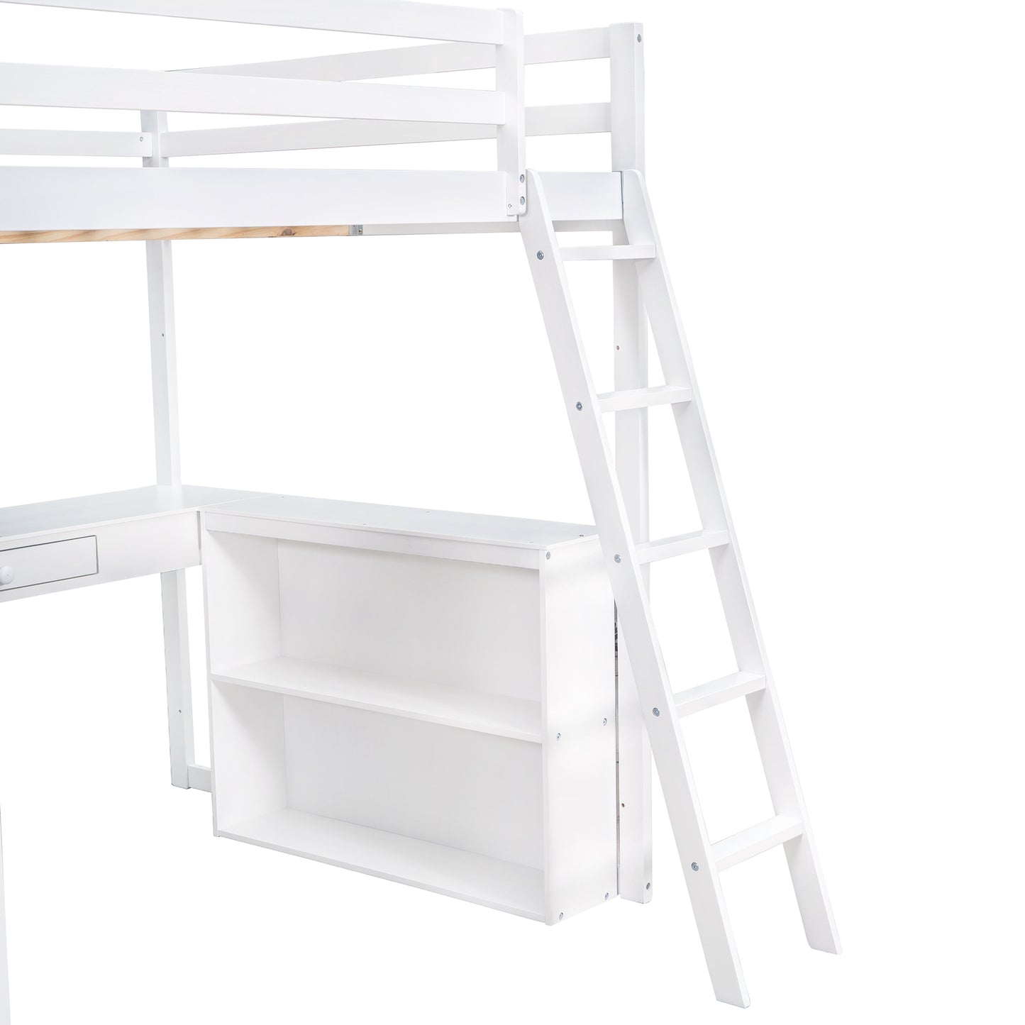 White wooden loft bed with attached desk and twoshelf bookcase