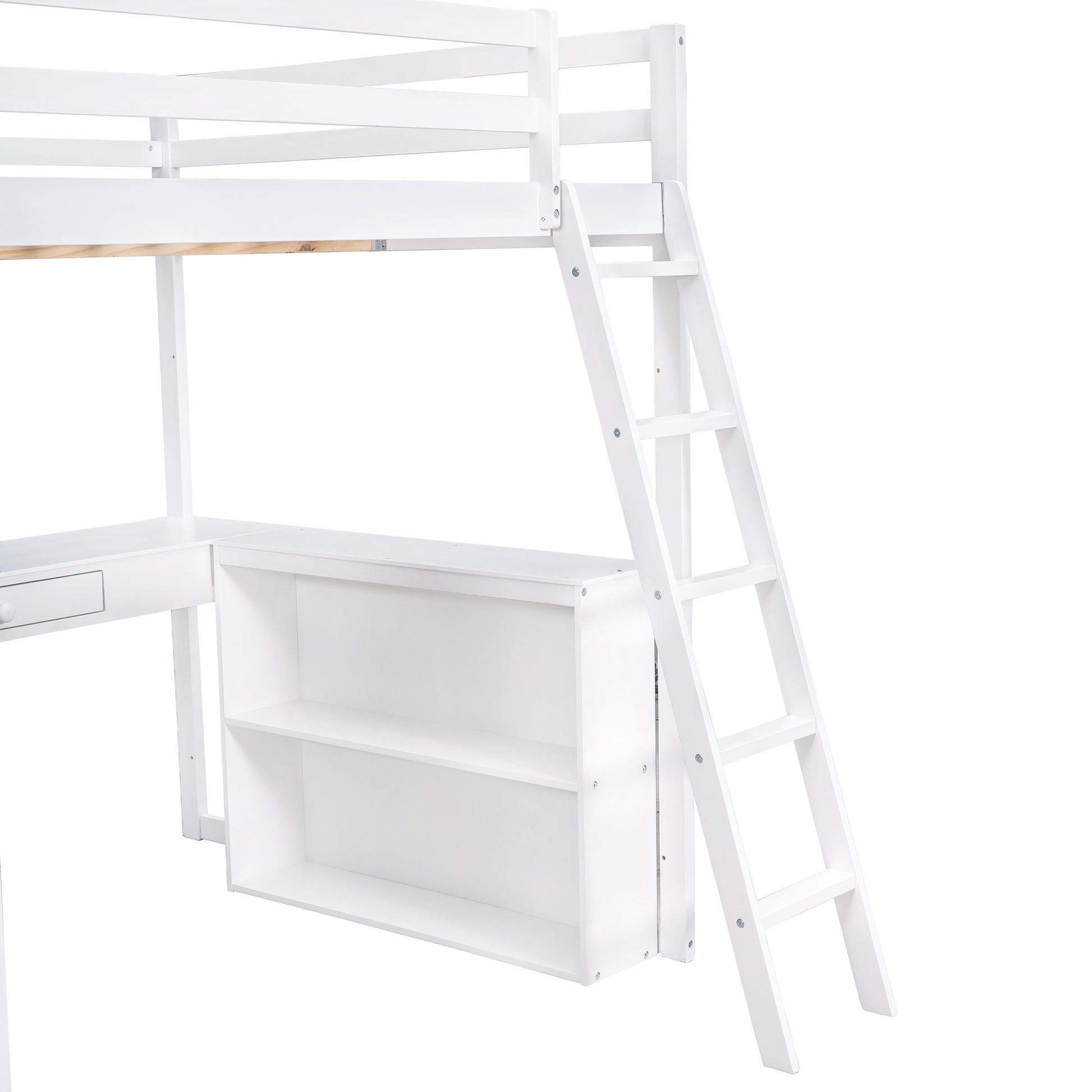 White wooden loft bed with attached desk and twoshelf bookcase