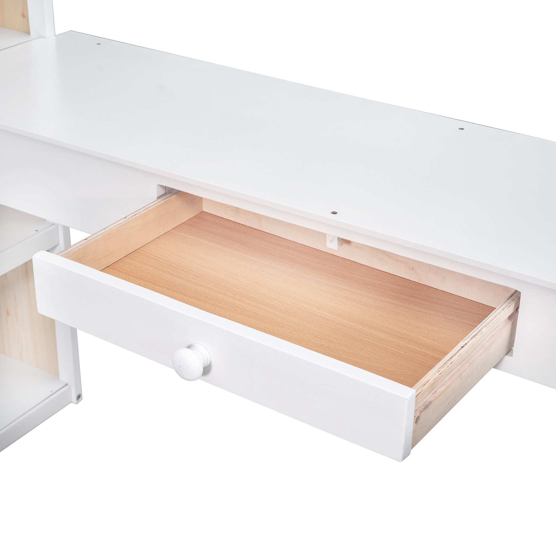 White wooden desk drawer with natural wood interior and round knob