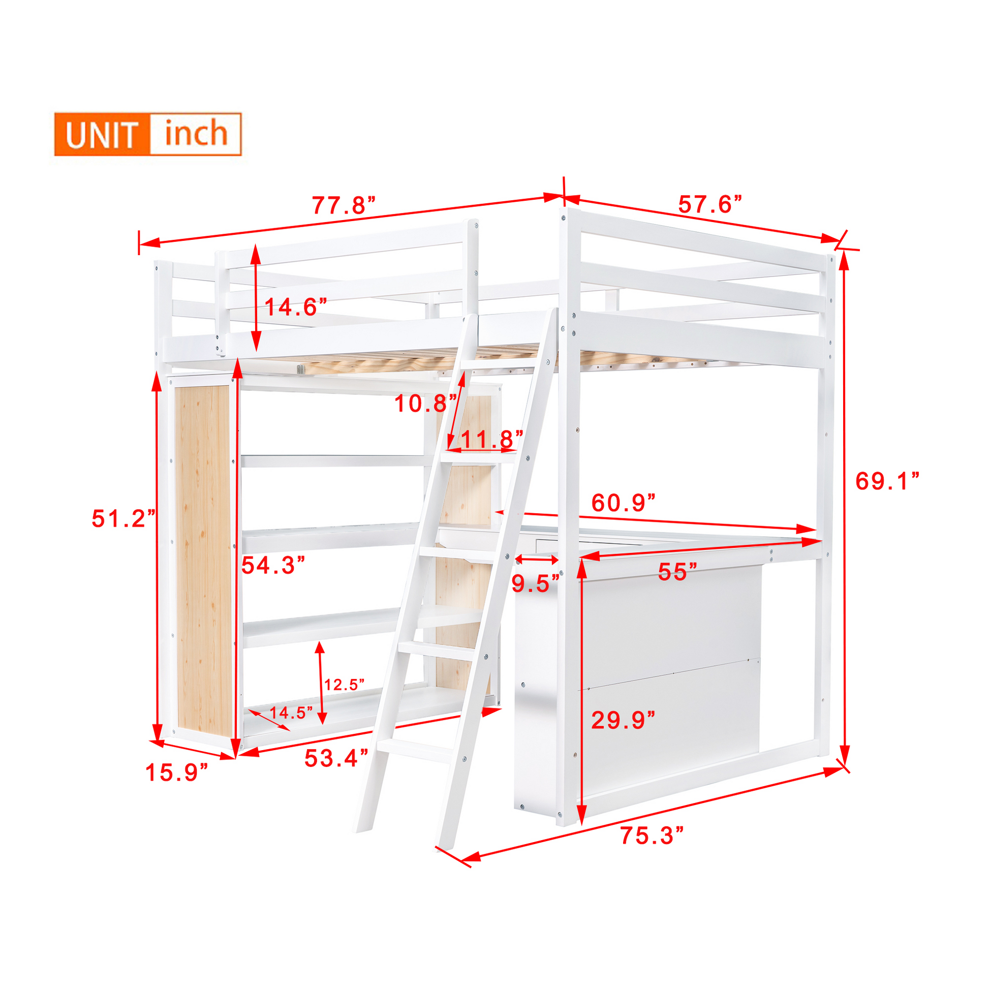 White wooden loft bed with desk and shelves