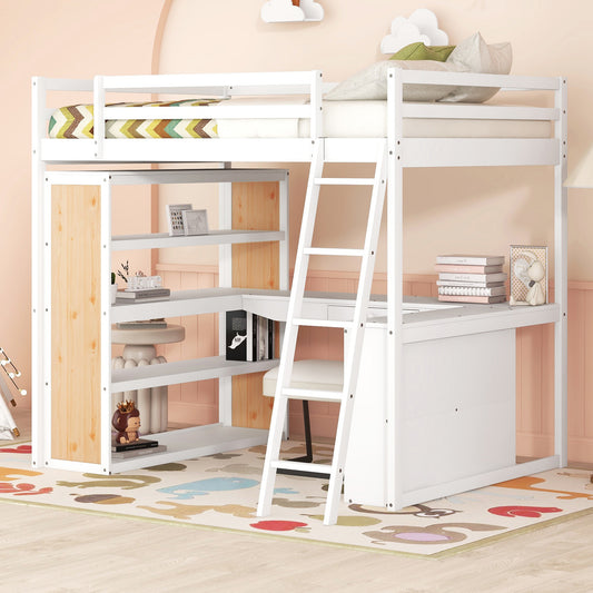 White loft bed with desk and bookshelves
