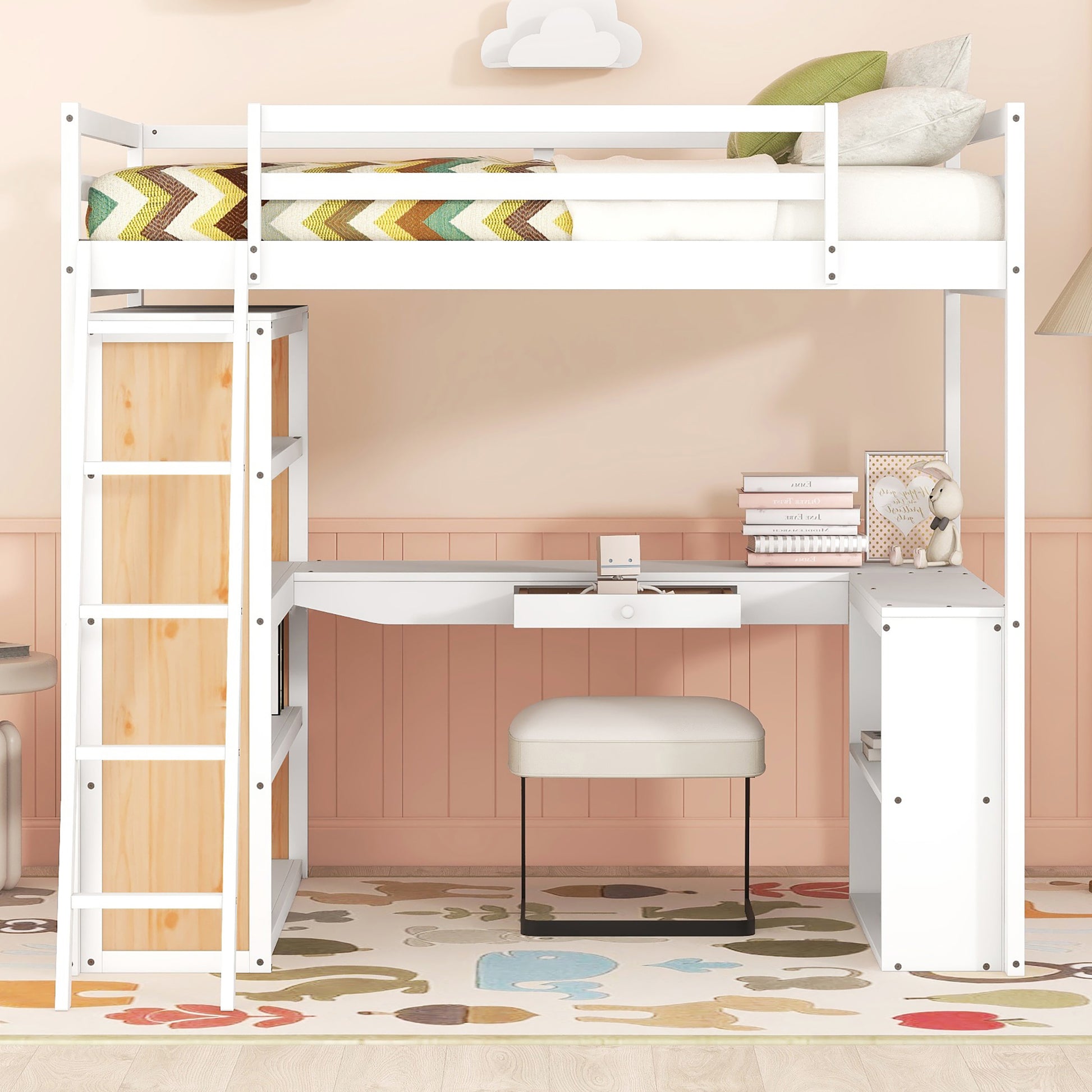 White wood loft bed with desk and shelves