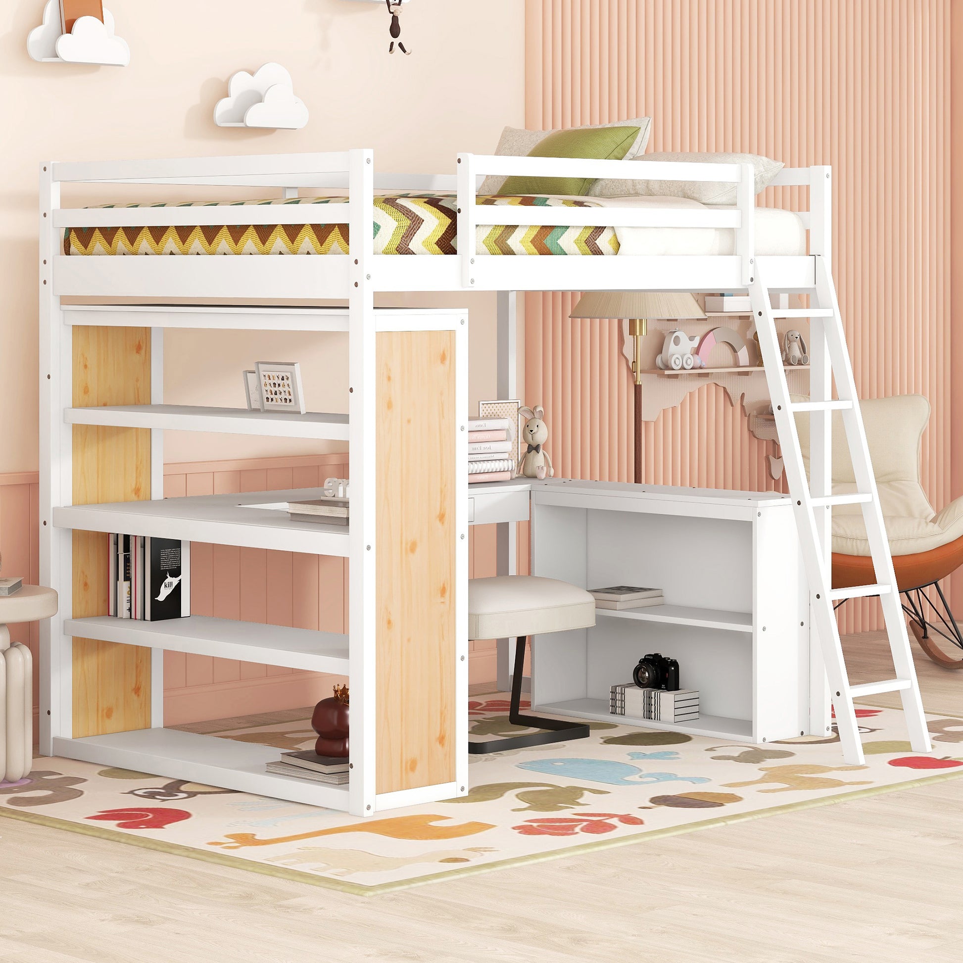 White wooden loft bed with integrated desk and shelving
