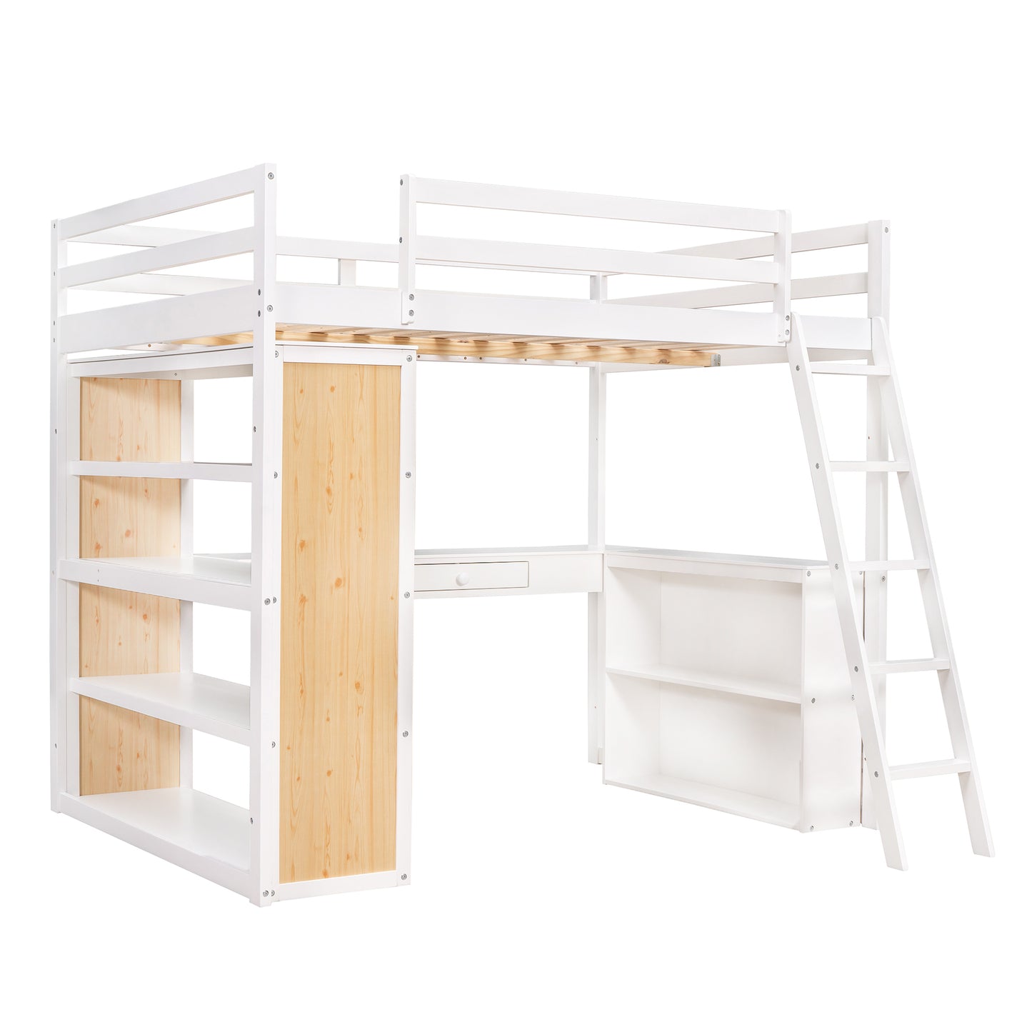 White wooden loft bed with integrated desk and shelving