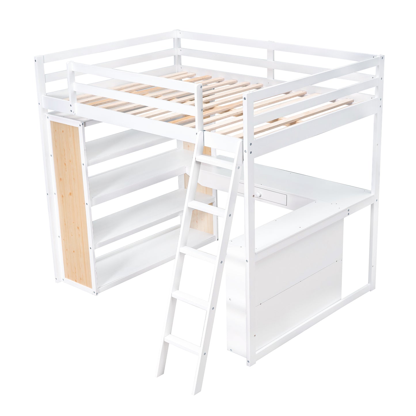 White wooden loft bed with shelves and desk