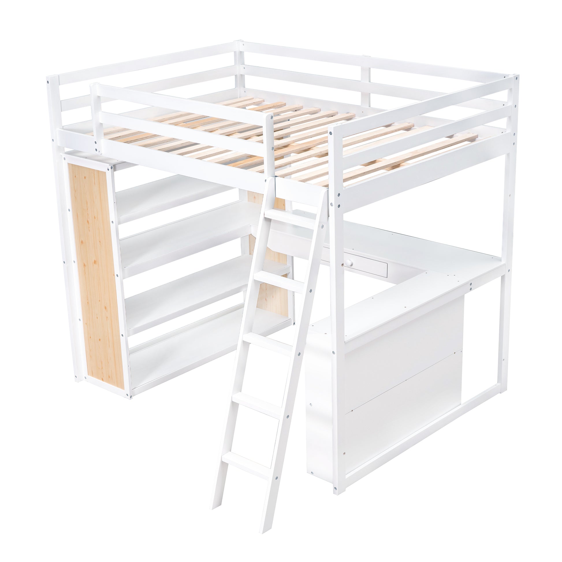 White wooden loft bed with shelves and desk