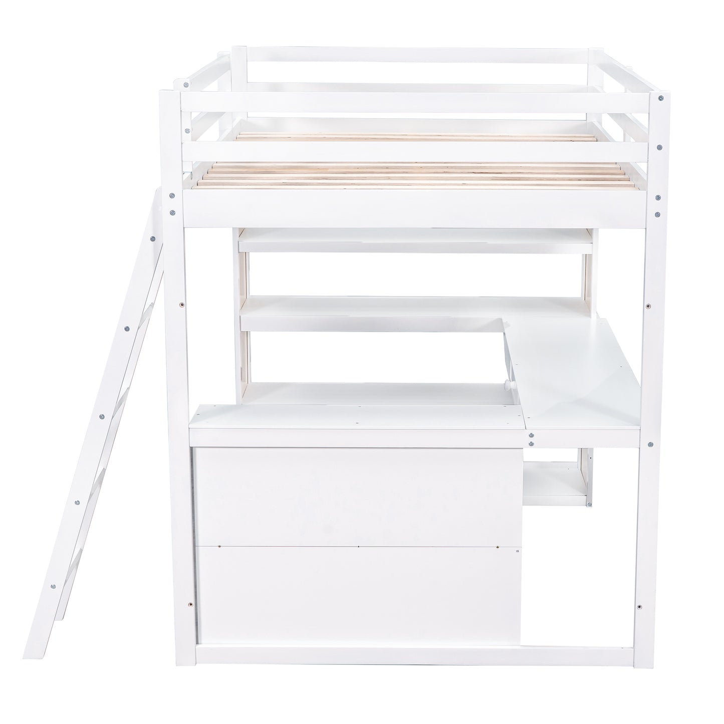 White wooden loft bed with integrated desk and storage