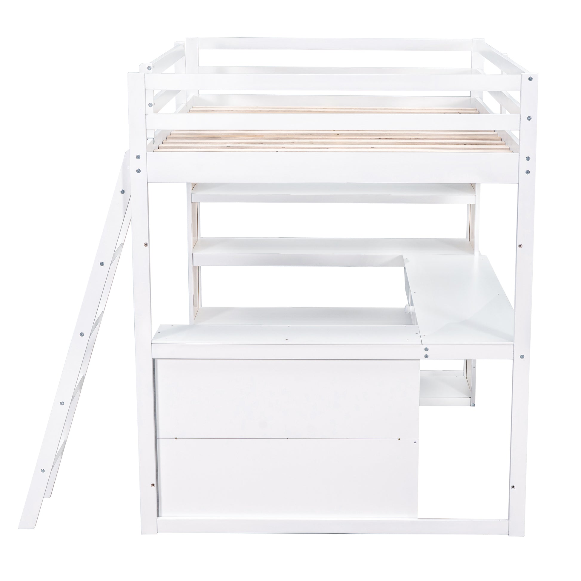 White wooden loft bed with integrated desk and storage