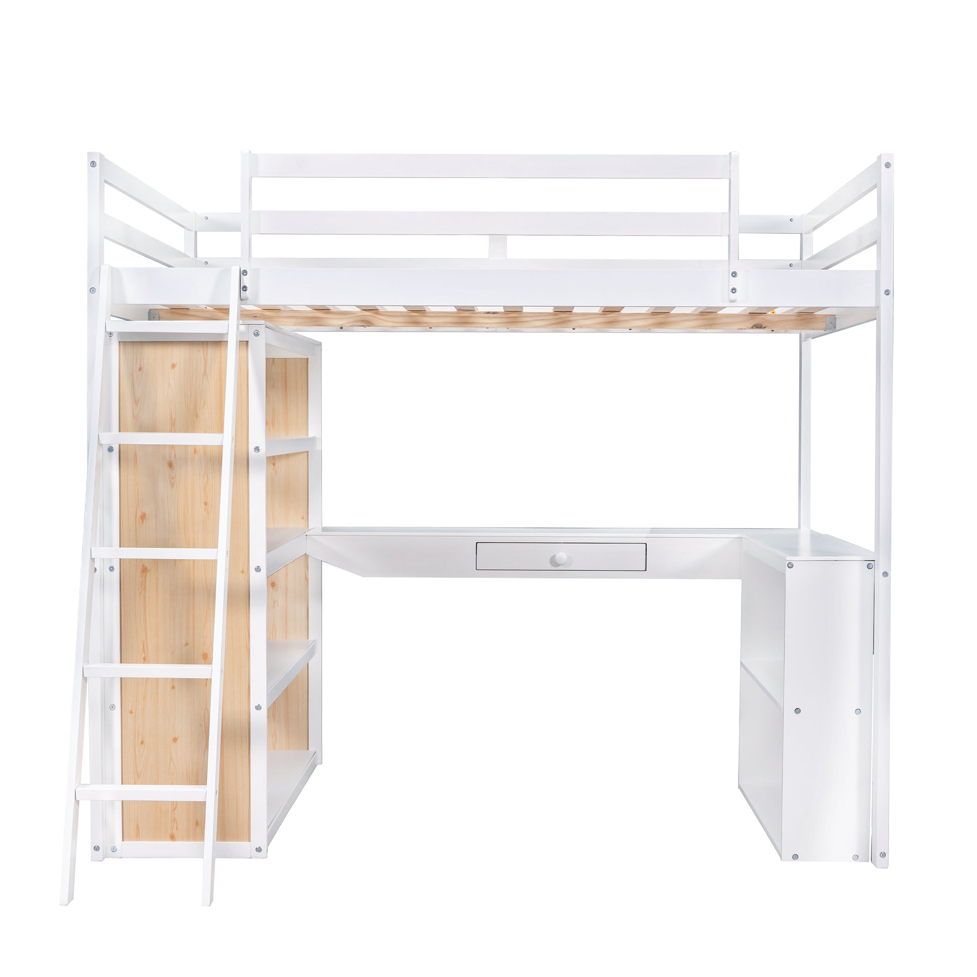 White loft bed with desk and integrated shelving