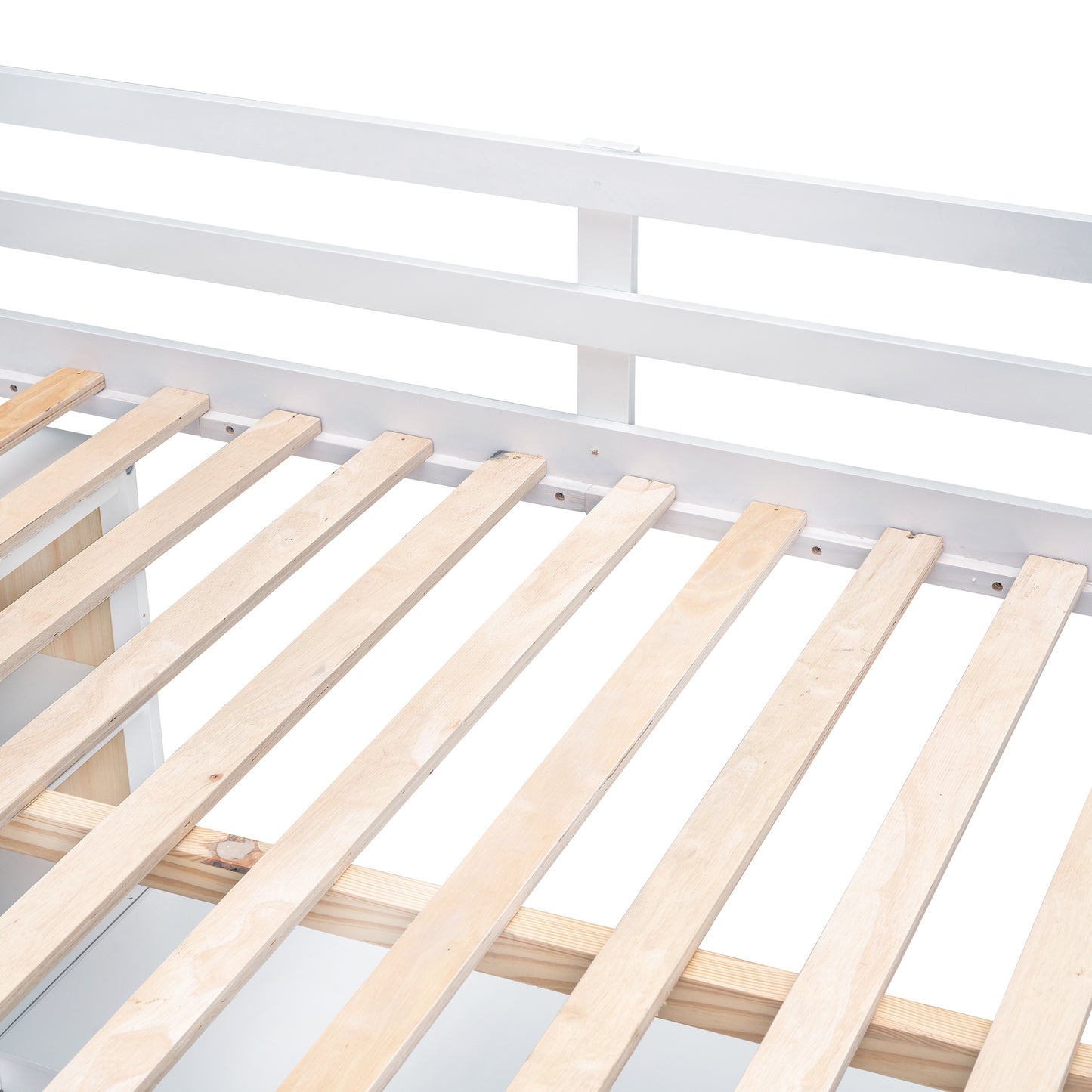 White wooden bed frame with natural wood slats