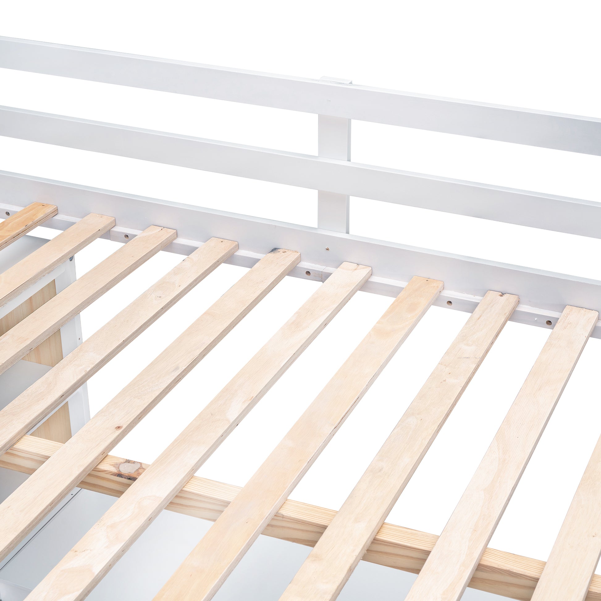 White wooden bed frame with natural wood slats