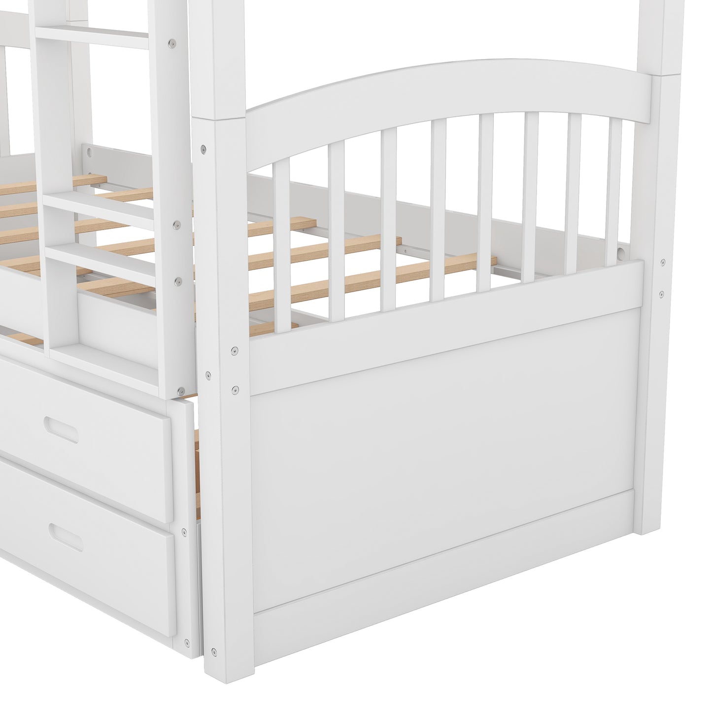 White wooden bunk bed with builtin storage drawers