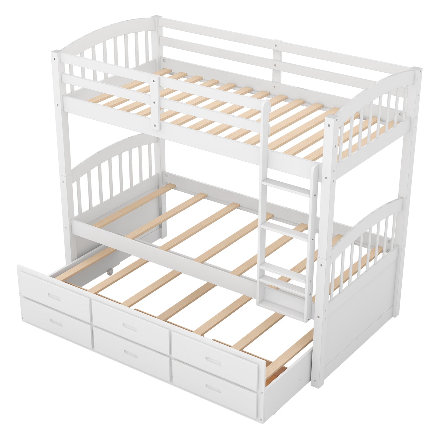 White wooden triple bunk bed with pullout trundle and drawers