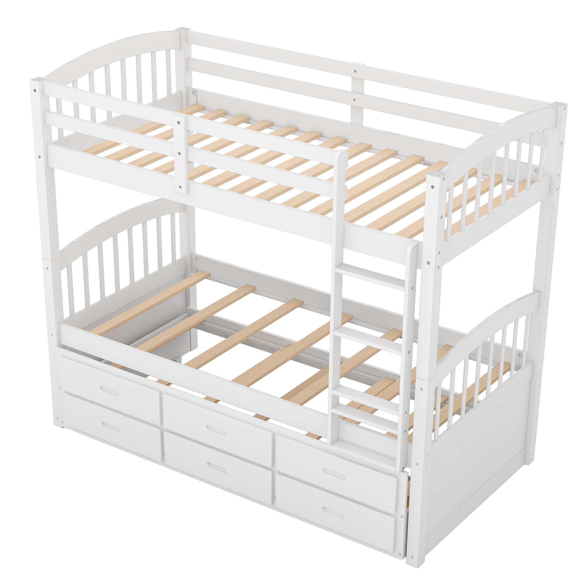 White wooden bunk bed with drawers