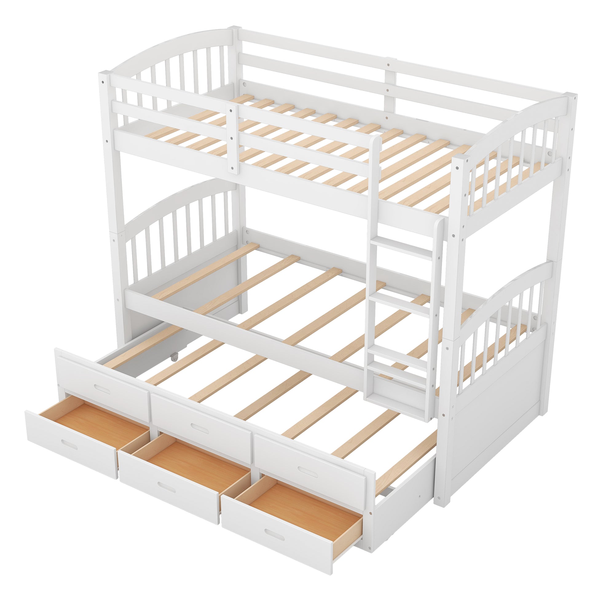 White wooden triple bunk bed with drawers