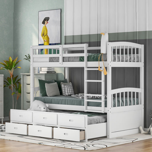 White triple bunk bed with storage drawers and green bedding
