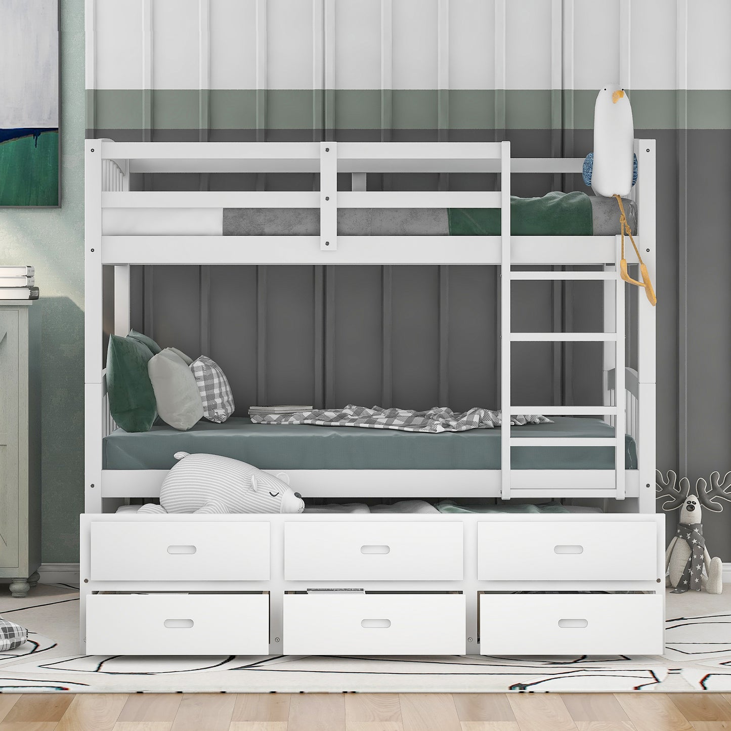 White wooden twin over twin bunk bed with storage drawers