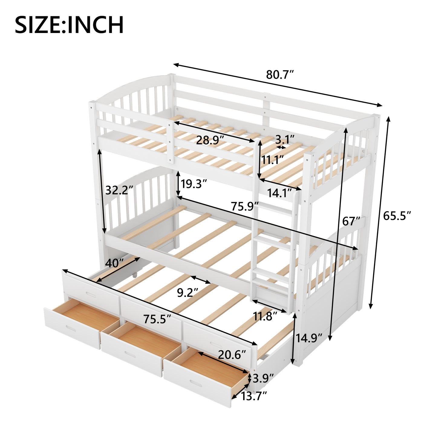 White wooden bunk bed with pullout trundle and drawers