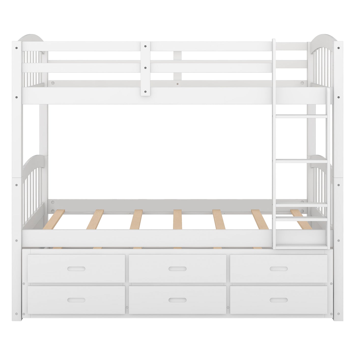 White wooden twin over twin bunk bed with drawers and ladder