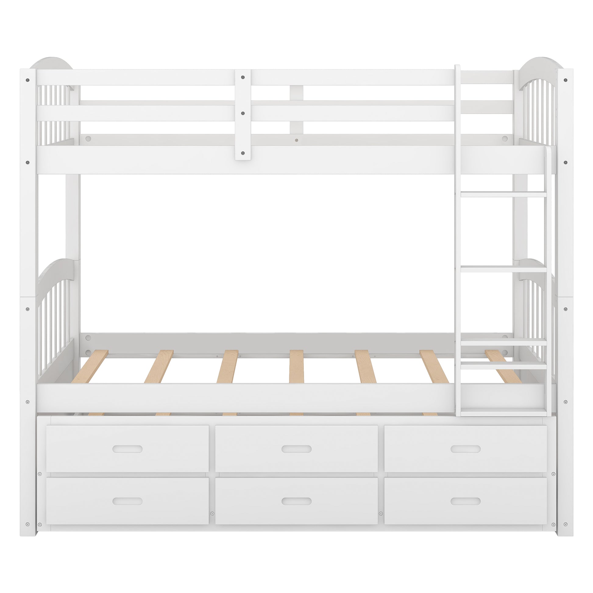 White wooden twin over twin bunk bed with drawers and ladder