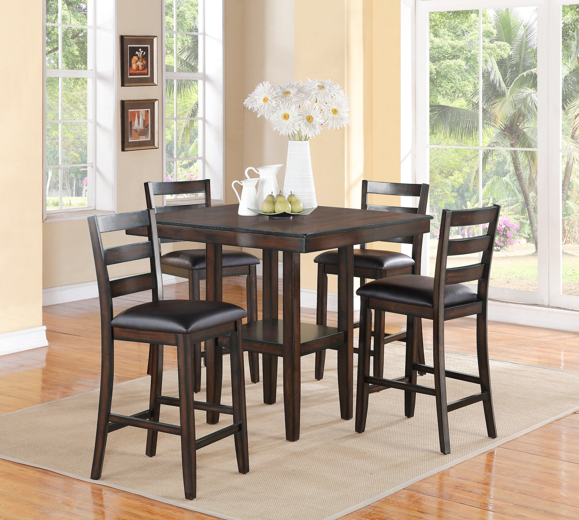 Dark wood counter height dining set with four upholstered chairs