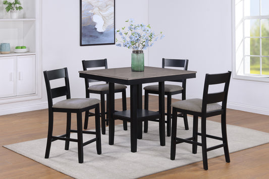 Gray upholstered counter stool with black wooden frame