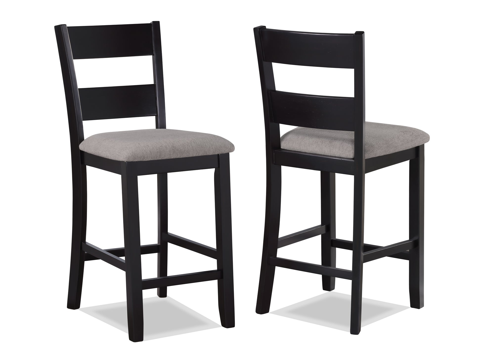 Black wooden bar stool with a grey upholstered seat and ladder back