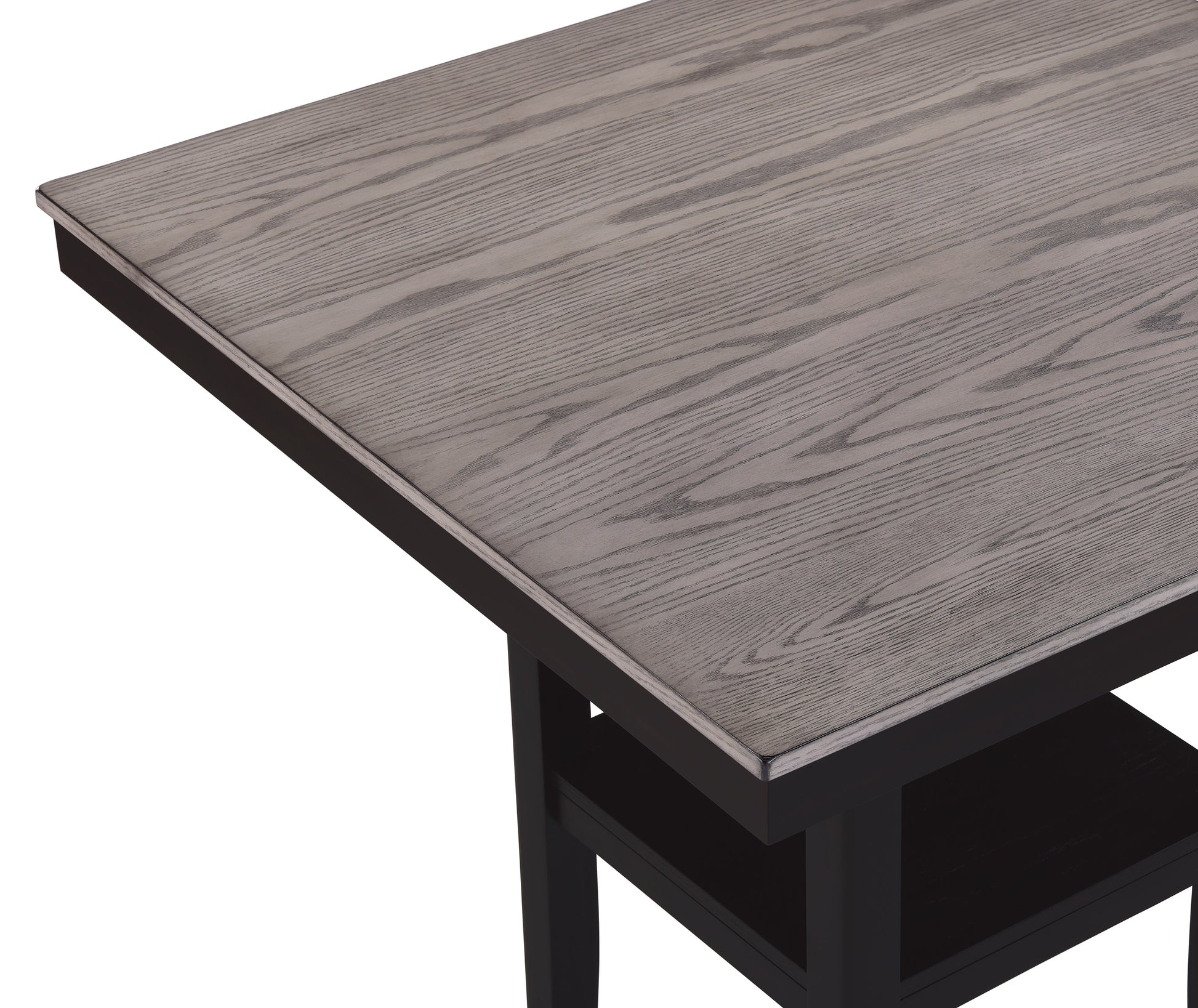 Gray ash veneer tabletop with dark metal frame and shelf