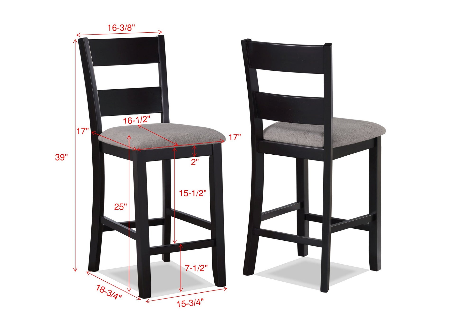 Black wooden bar stool with grey upholstered seat and ladder back design