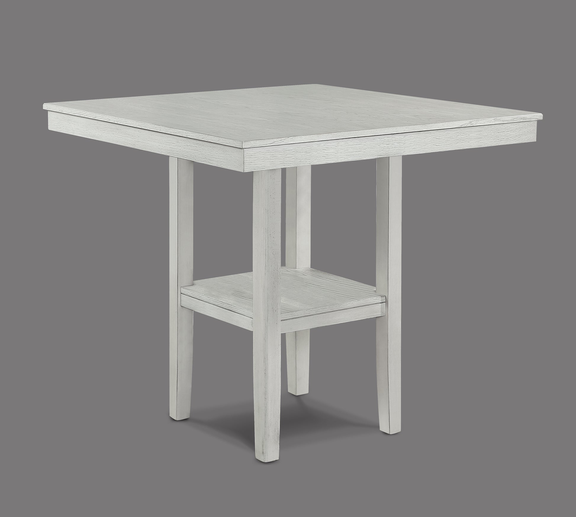 Square white wood counter height table with shelf