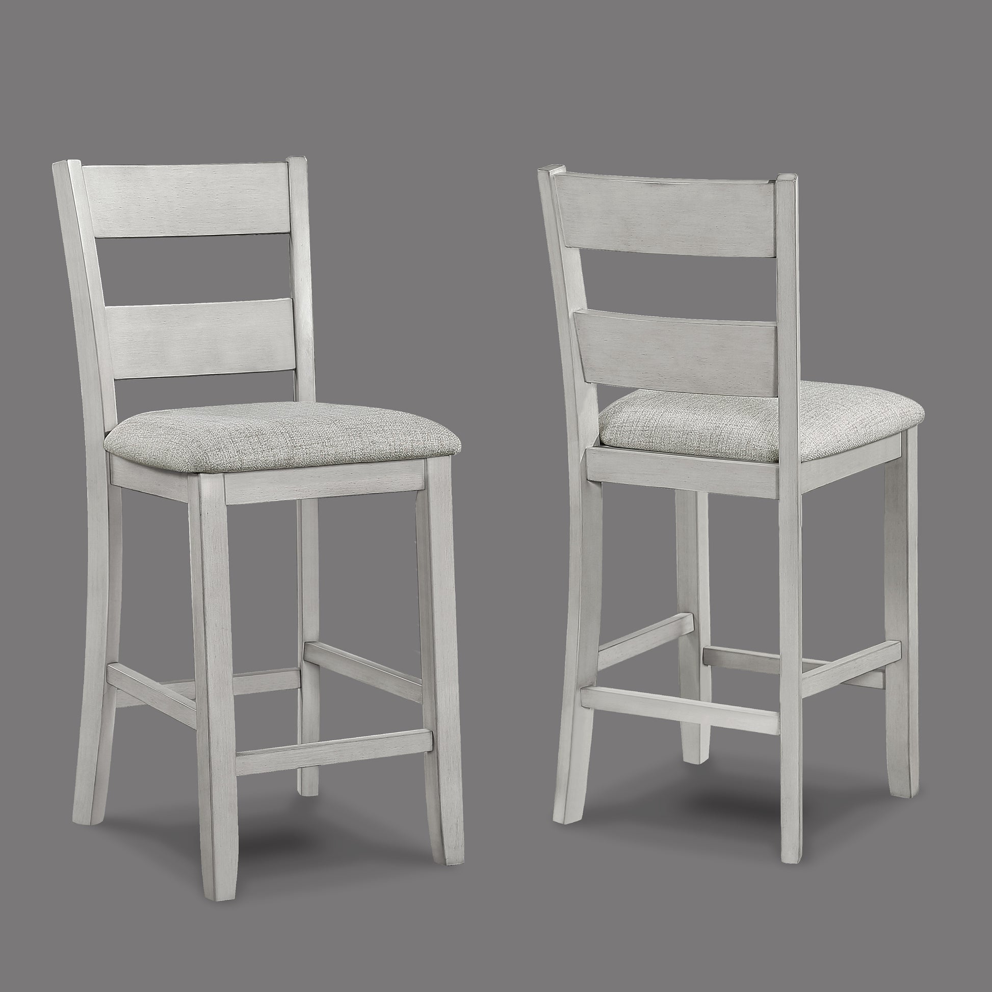 White wooden bar stool with grey upholstered seat