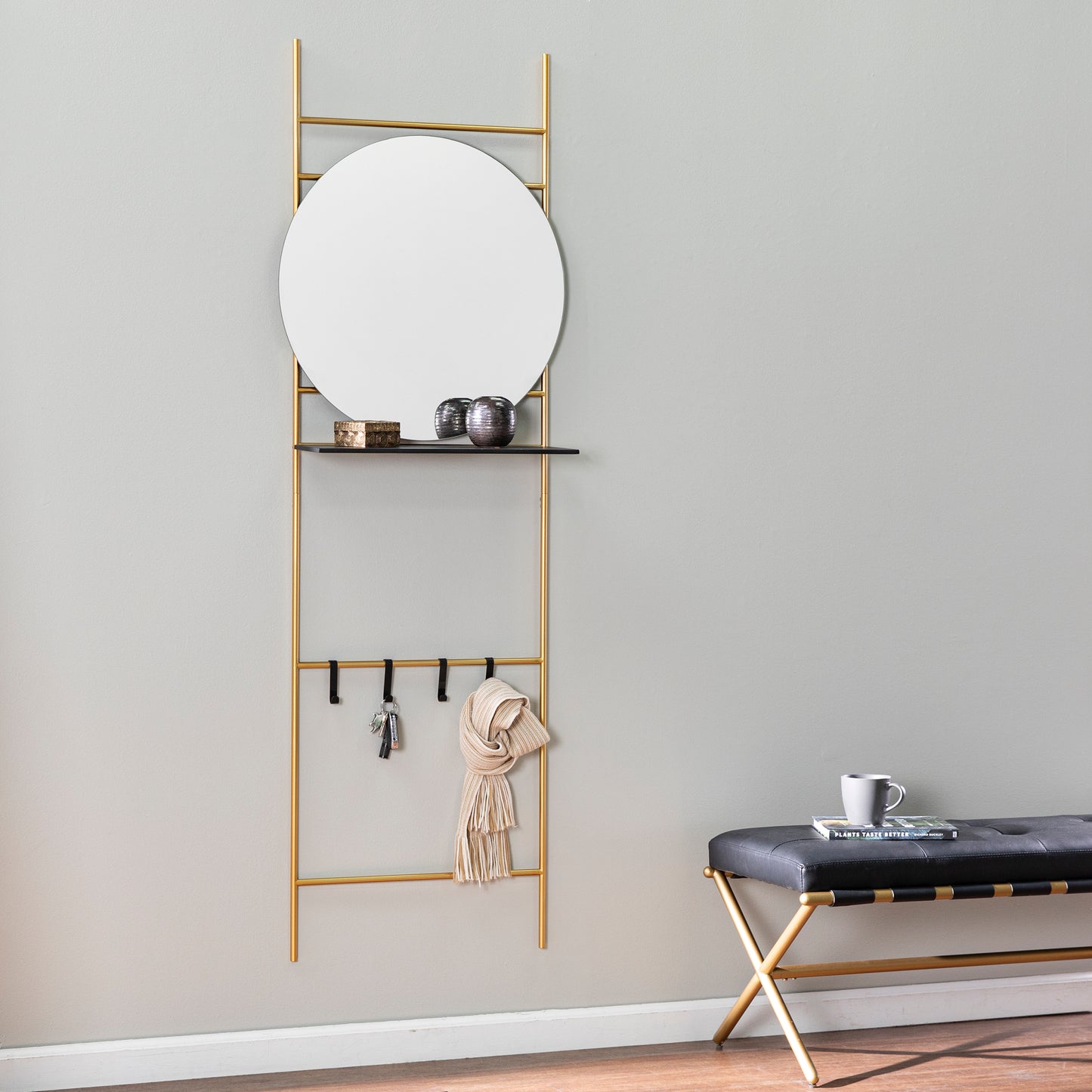 Gold ladder shelf with mirror and hooks