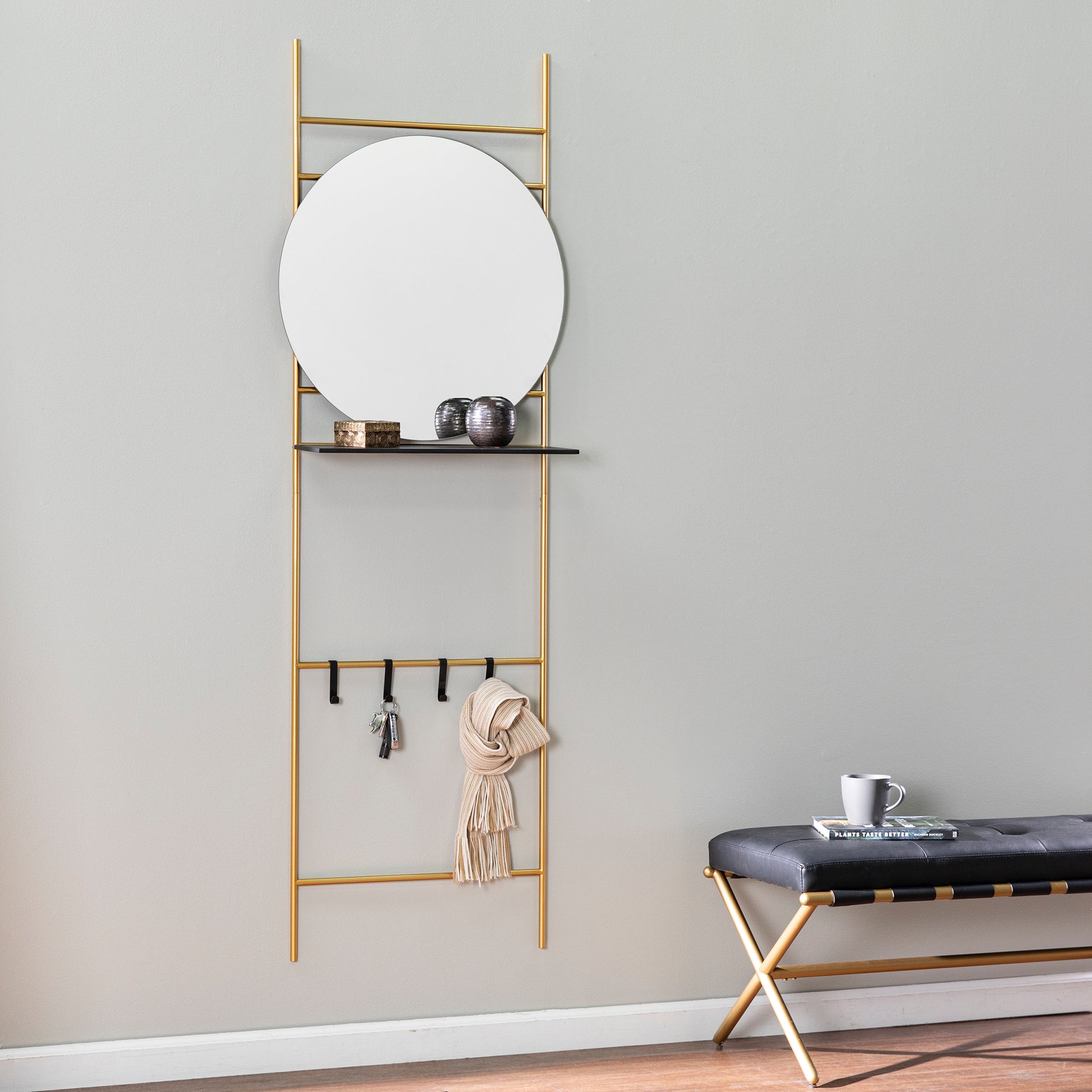 Gold ladder shelf with mirror and hooks