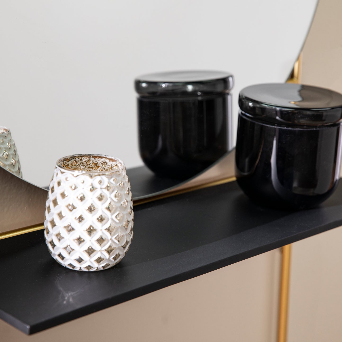 White textured glass votive holder with gold accents
