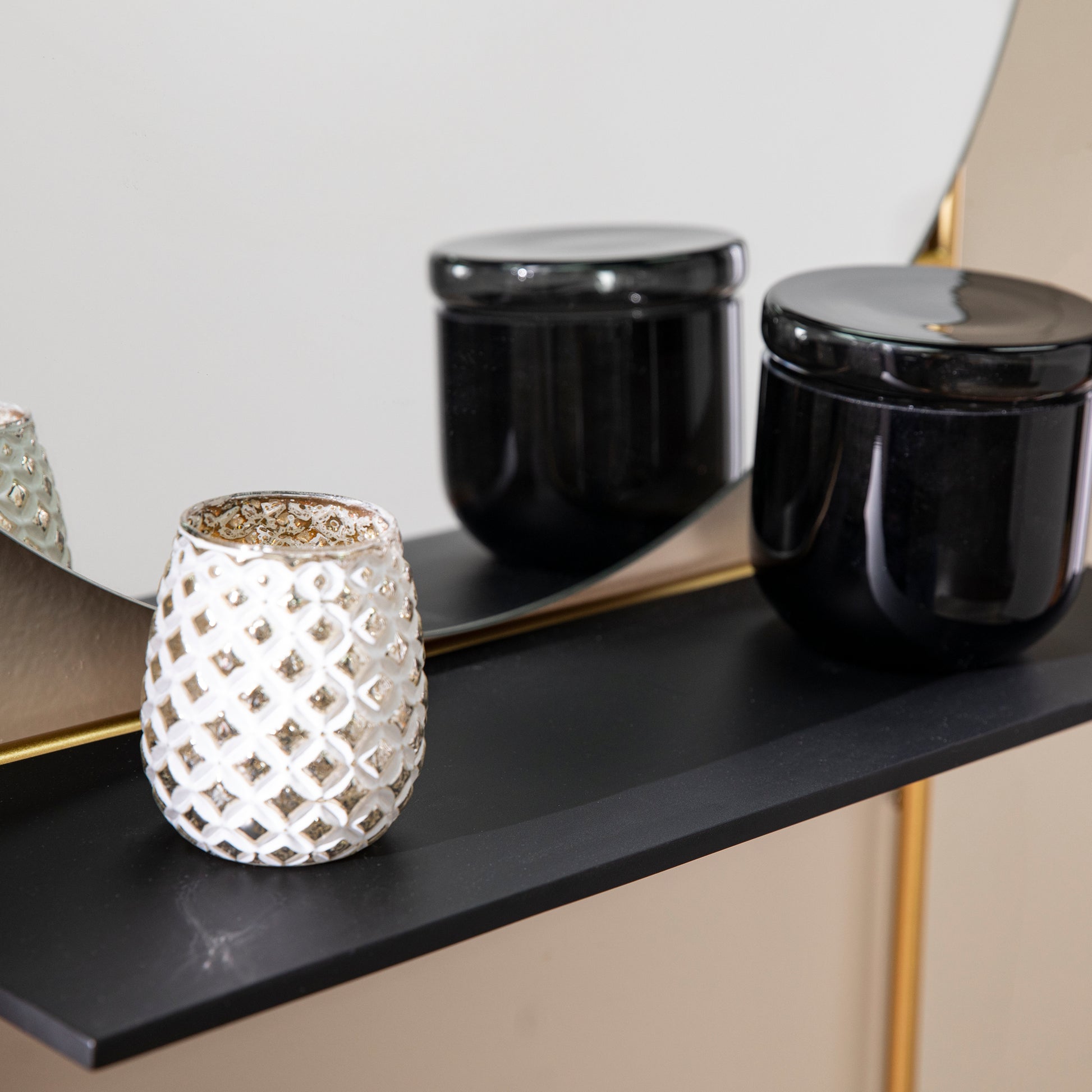 White textured glass votive holder with gold accents