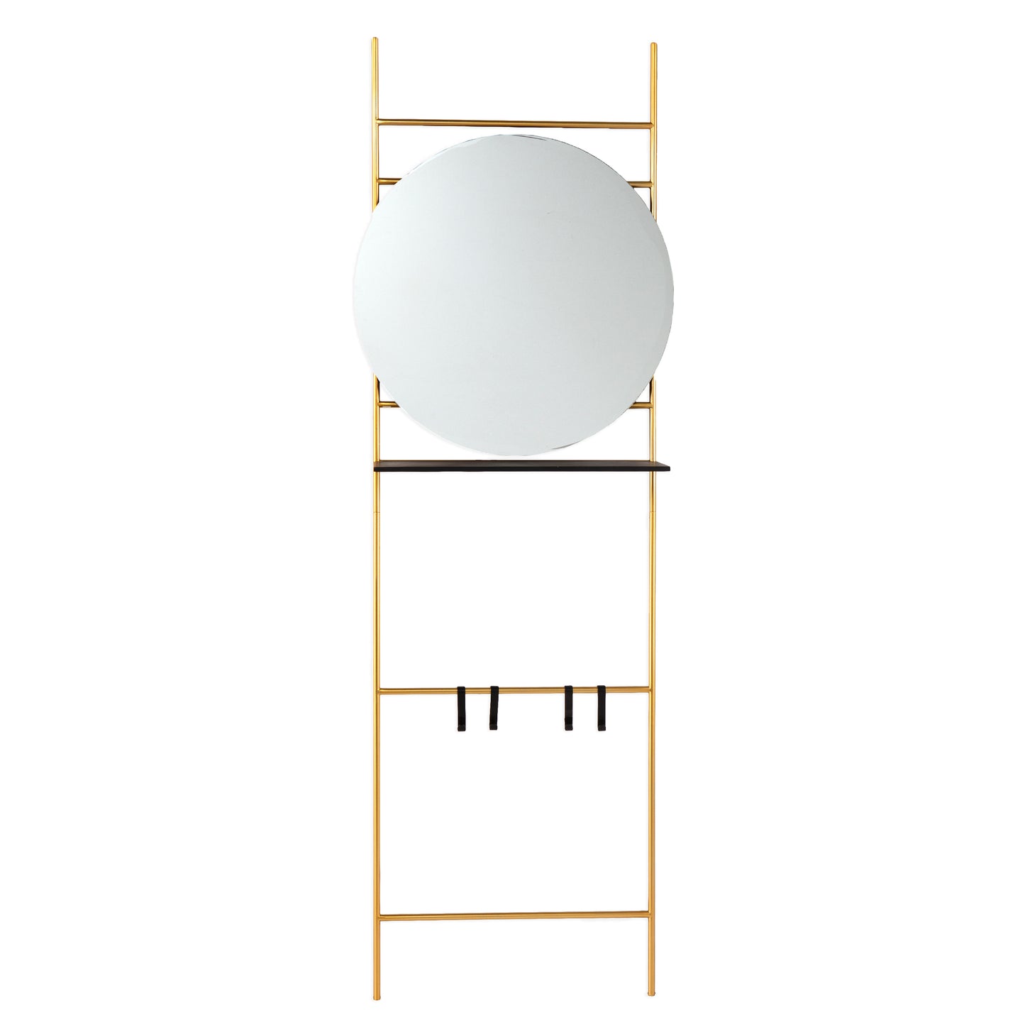 Gold metal entryway mirror with shelf and hooks