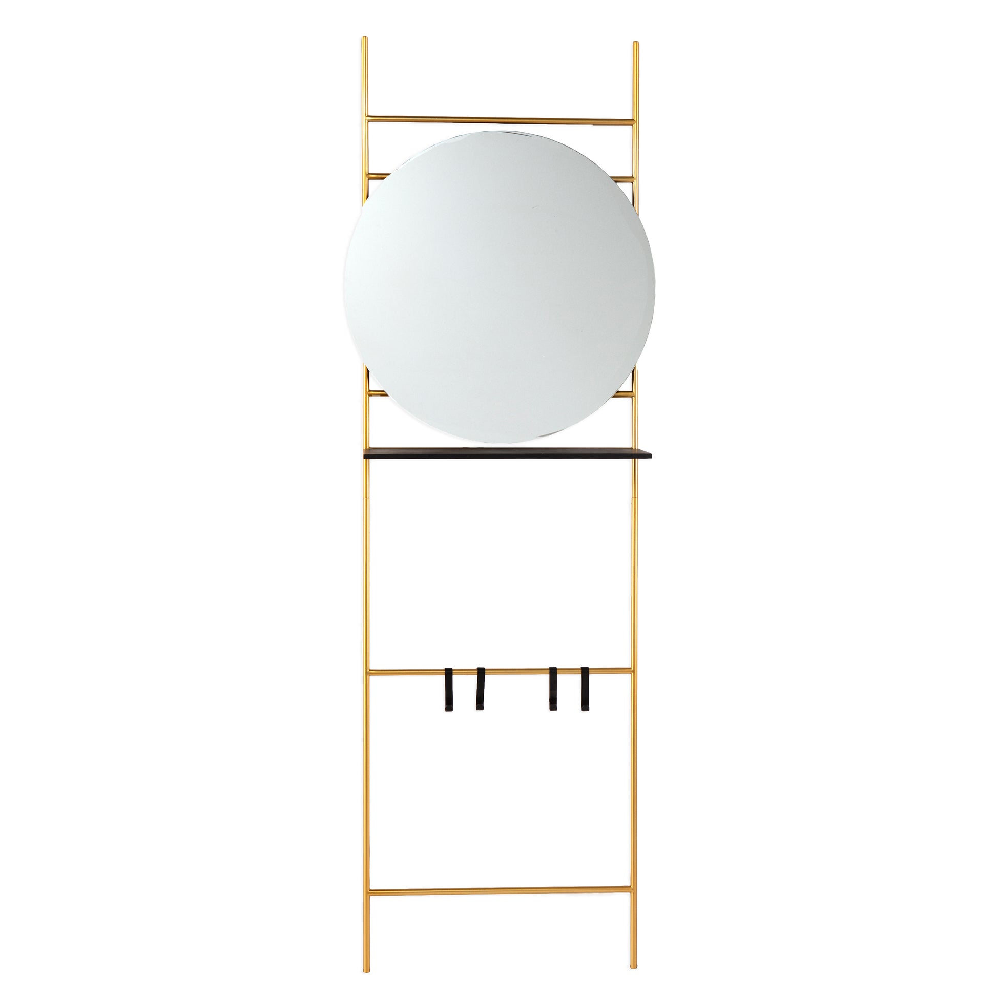 Gold metal entryway mirror with shelf and hooks