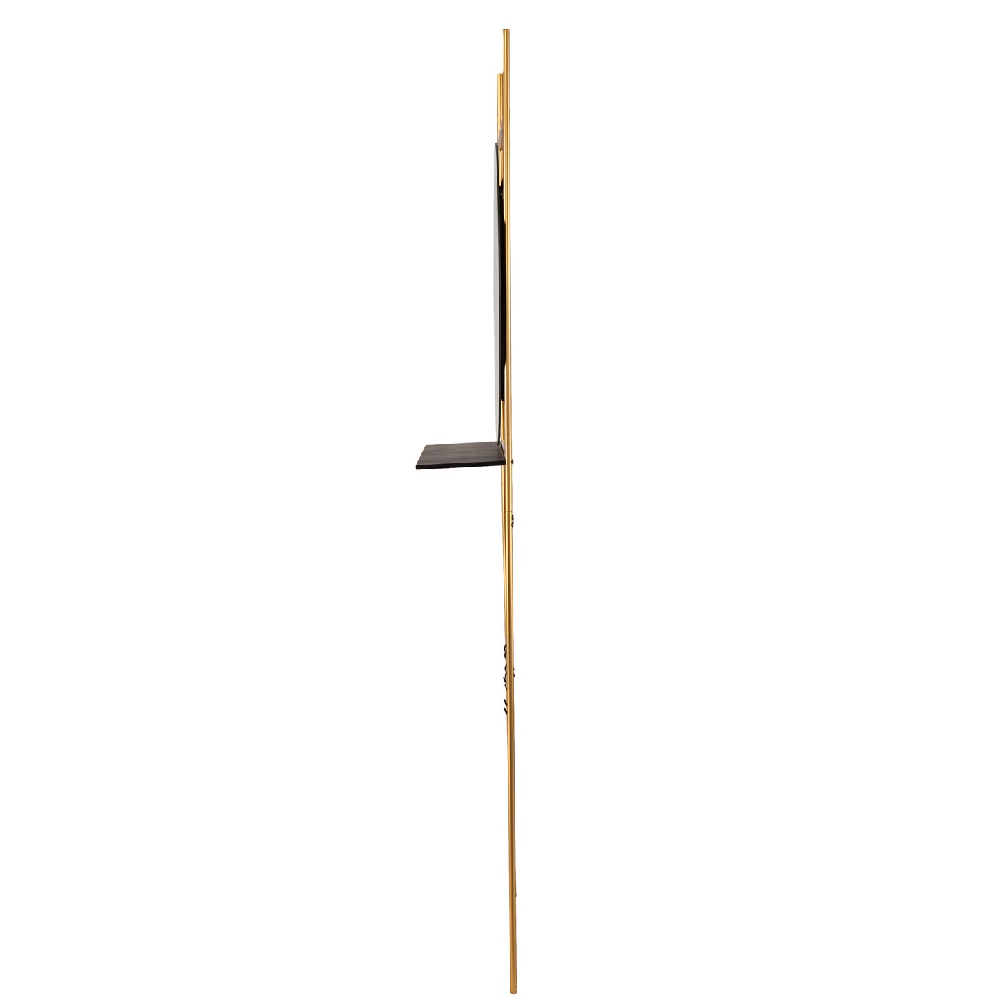 Gold metal wall shelf with decorative cutouts and black wooden accent piece