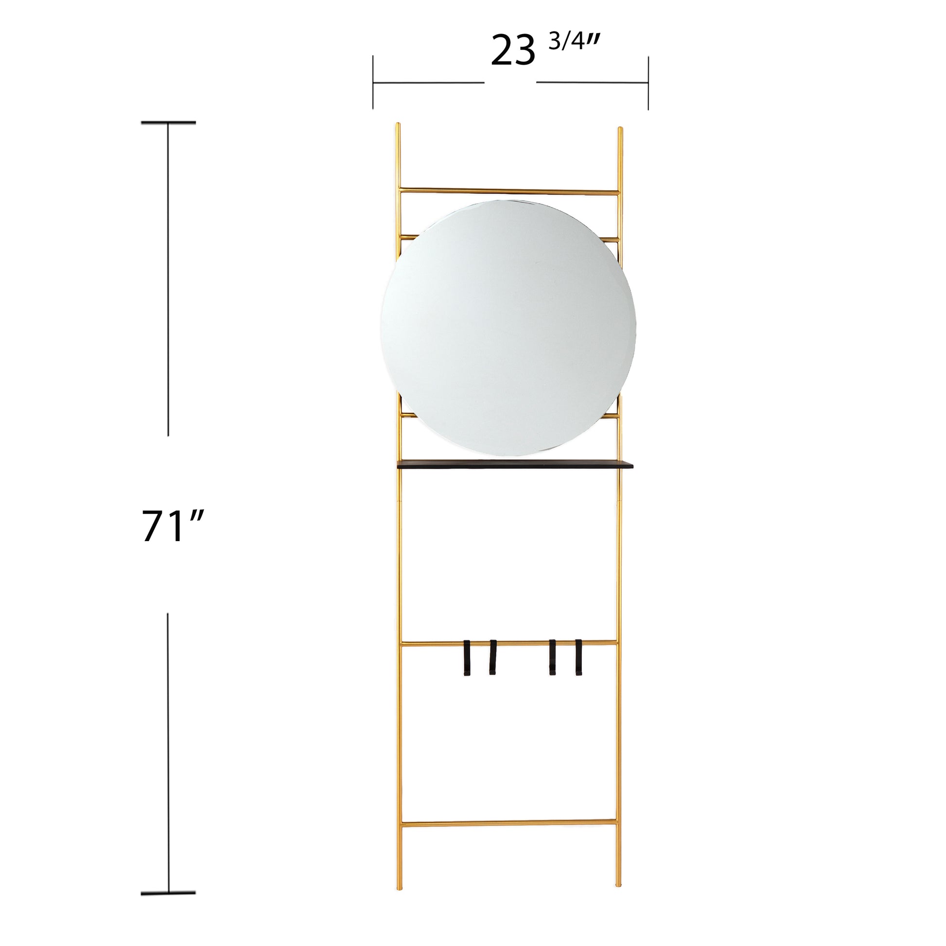 Gold metal leaning coat rack with round mirror and shelf
