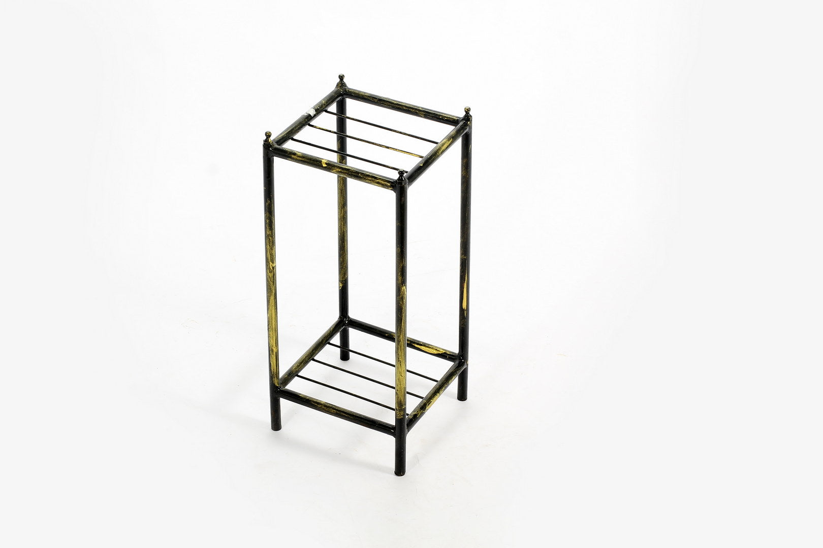 Black and gold metal plant stand with two tiered shelves
