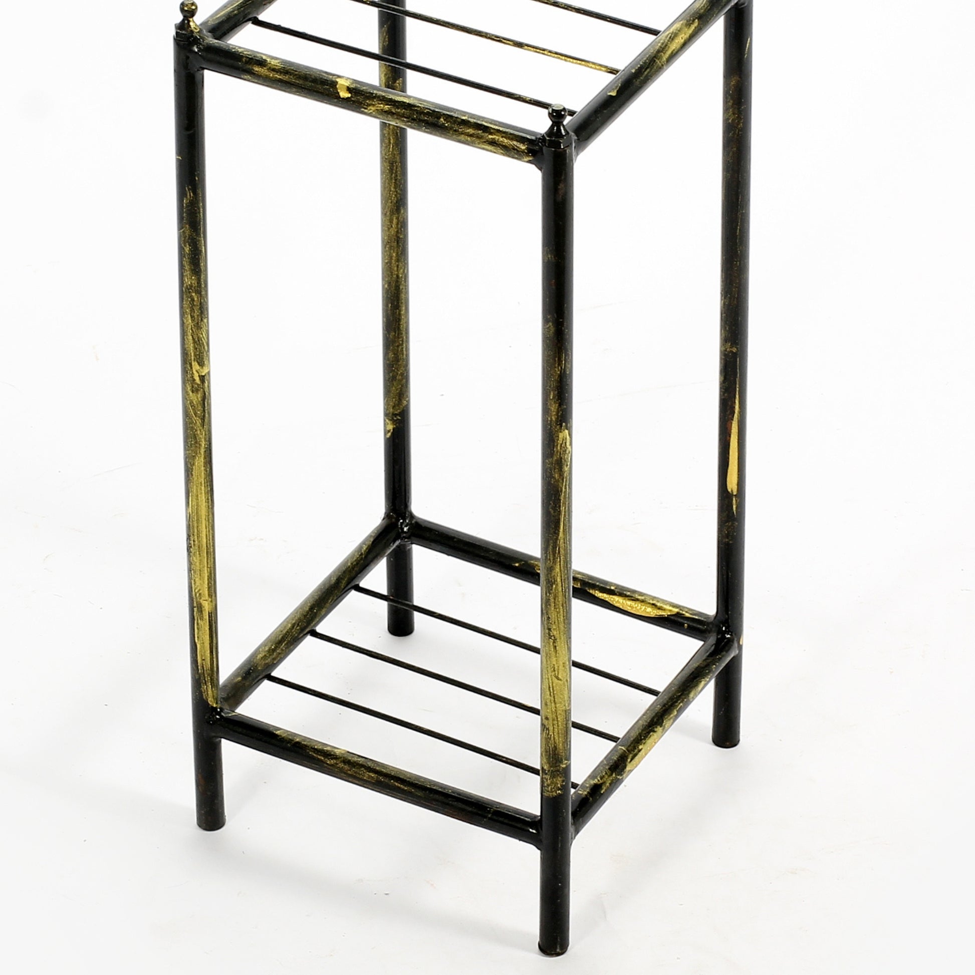 Black and gold metal plant stand with square tiered shelves